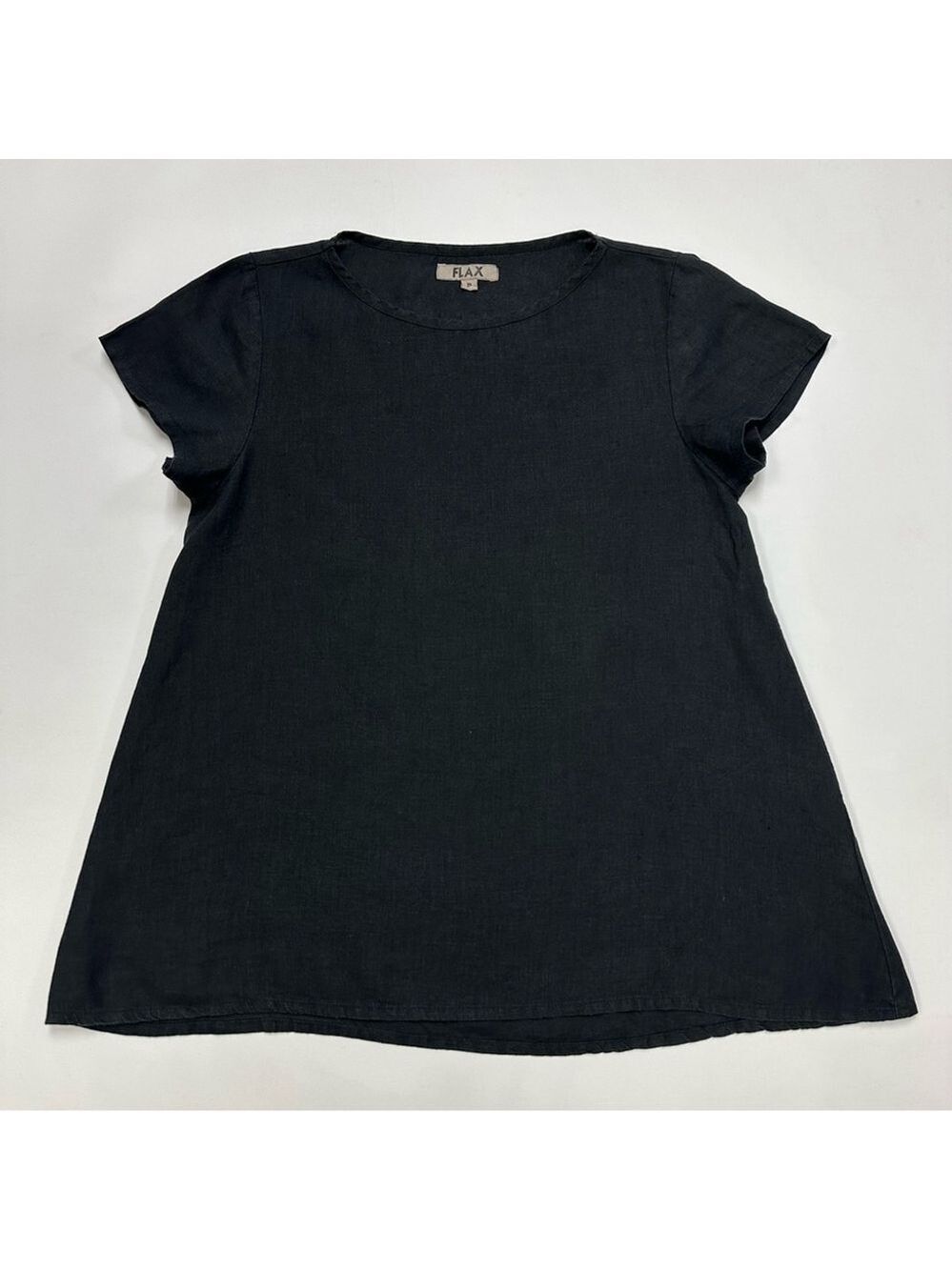 FLAX solid black linen round neck short cap sleeve top Medium minimalist